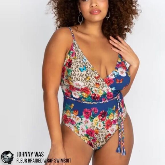 JOHNNY WAS FLEUR BRAIDED WRAP ONE PIECE SWIMSUIT IN FLORAL BLUE PLUS SIZE 2X NEW - Picture 3 of 15
